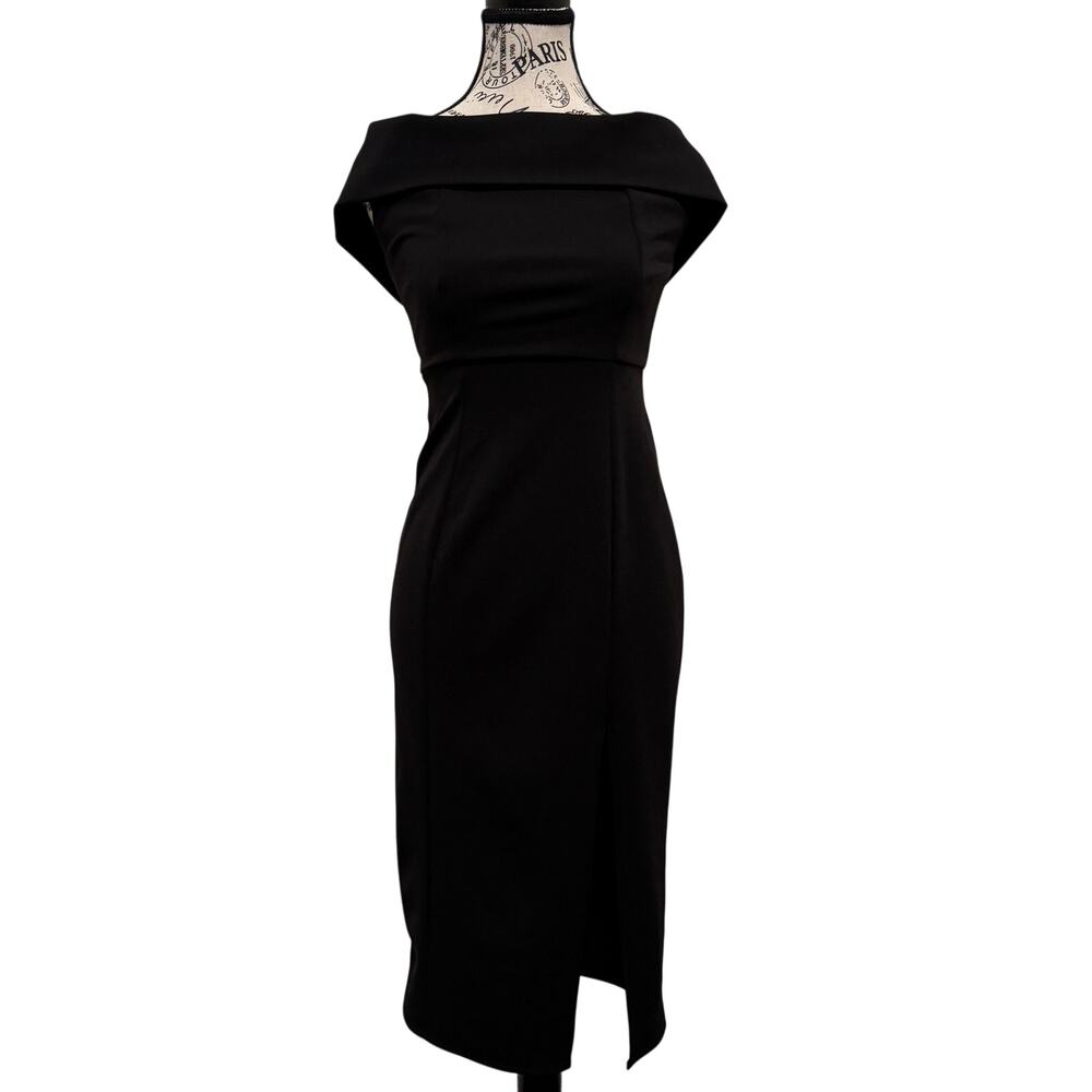 WINDSOR Womens Small Black Off Shoulder Foldover Midi Dress Front Slit Cocktail